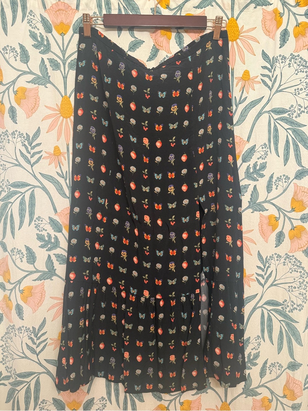 PAIGE Black Midi Skirt with Floral, Strawberry & Butterfly Print